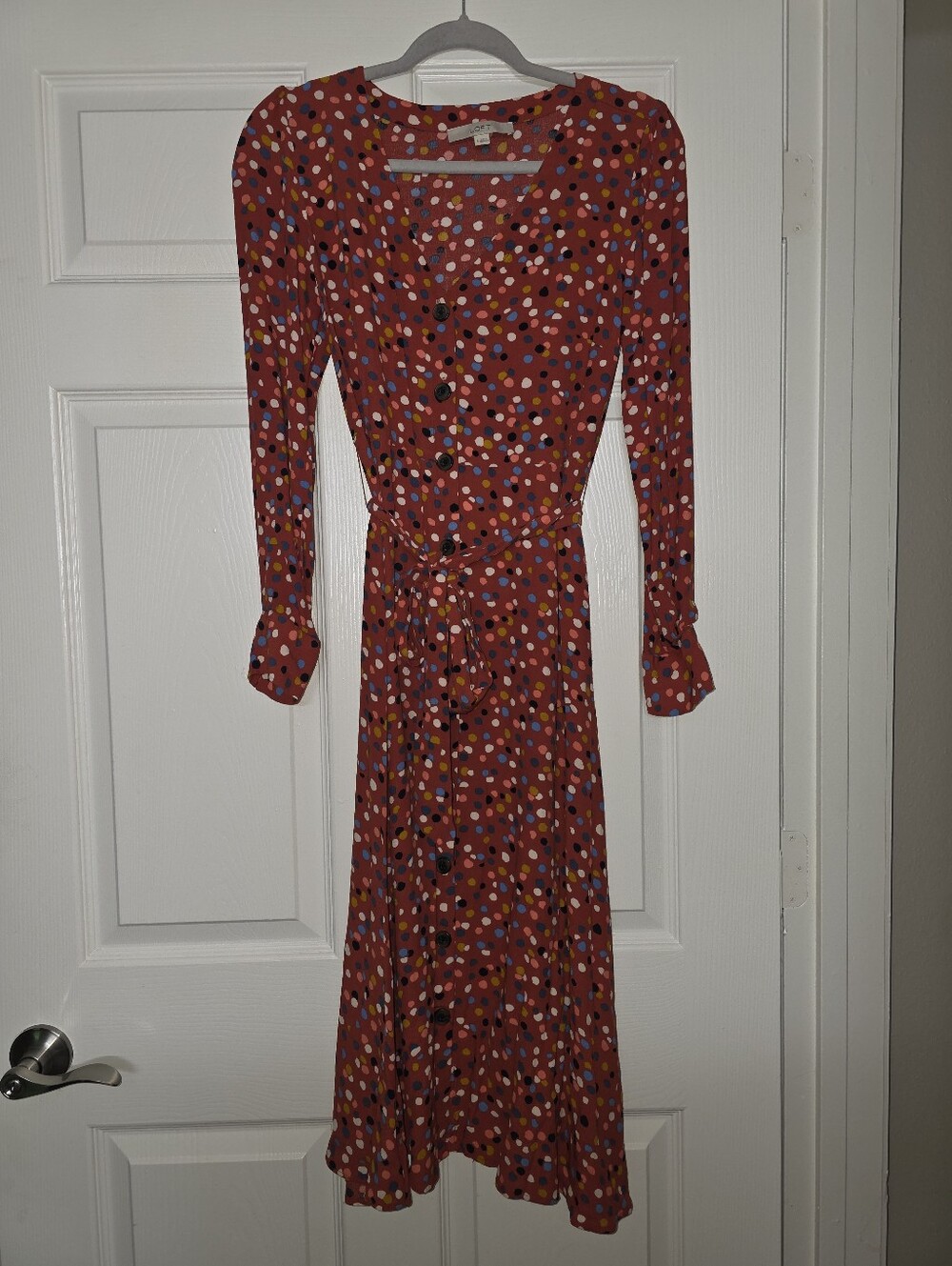 Loft Orange Multicolor Spots Whimsical Button Down Midi Dress Size 6